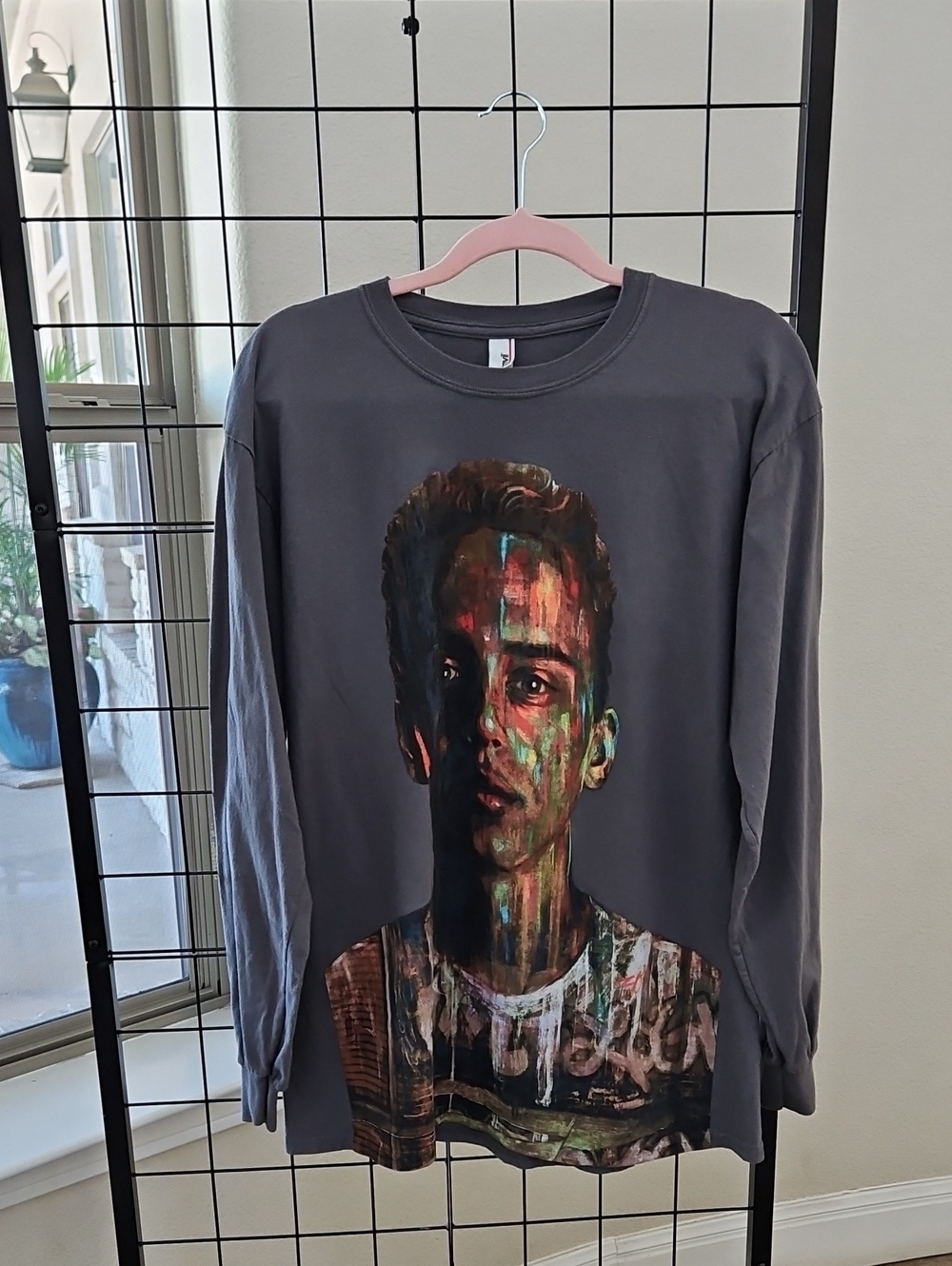 Logic Graphic Long-Sleeve Men's Shirt in Charcoal with Painted Portrait